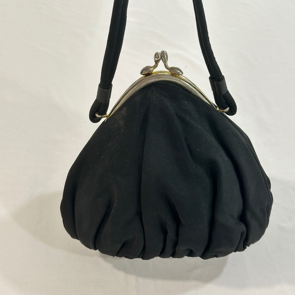Vintage Black Satin Evening Handbag Kiss Lock Frame Bag Purse Small Womens